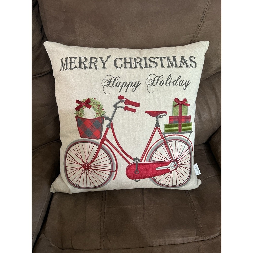 Embroidered Red Bicycle Christmas Rectangular 19x19 Throw Pillow Bicycle